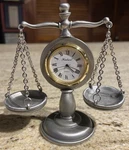 Hudson Fine Pewter Scales Of Justice Quartz Clock Nos #3609 New (4-1/2 ). Fixed Price $14.95.